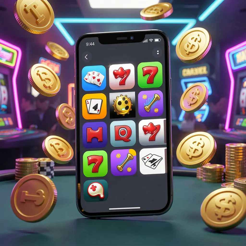 Realistic 3D render of a modern phone displaying the MY 888 Android casino app with app icons, surrounded by golden coins and slot symbols floating in a neon casino atmosphere Realistic 3D render of a modern phone displaying the MY 888 Android casino app with app icons, surrounded by golden coins and slot symbols floating in a neon casino atmosphere