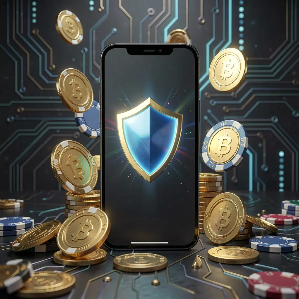 MY 888 secure mobile casino app concept showing a smartphone with a glowing shield icon surrounded by golden coins and chips against a dark luxury cyber background MY 888 secure mobile casino app concept showing a smartphone with a glowing shield icon surrounded by golden coins and chips against a dark luxury cyber background
