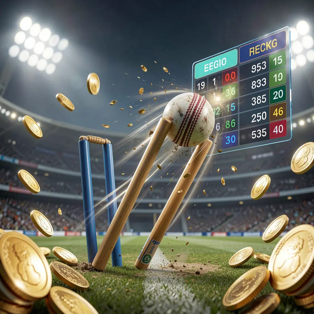 MY 888 cricket match betting banner showing a cricket ball hitting the wickets with dynamic motion under stadium lights, featuring a floating odds interface and coins in a premium sports atmosphere MY 888 cricket match betting banner showing a cricket ball hitting the wickets with dynamic motion under stadium lights, featuring a floating odds interface and coins in a premium sports atmosphere