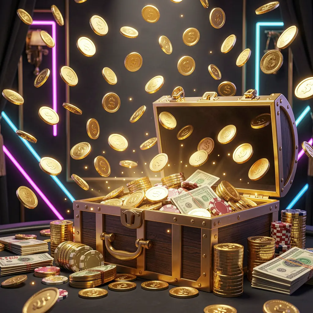 A premium online casino bonus hero banner for MY 888, featuring golden coins flying in the air and a glowing treasure chest full of chips and cash, set against a luxury dark background with neon accents, creating a festive and elegant casino atmosphere with high detail and cinematic 3D realistic lighting in a wide banner composition
