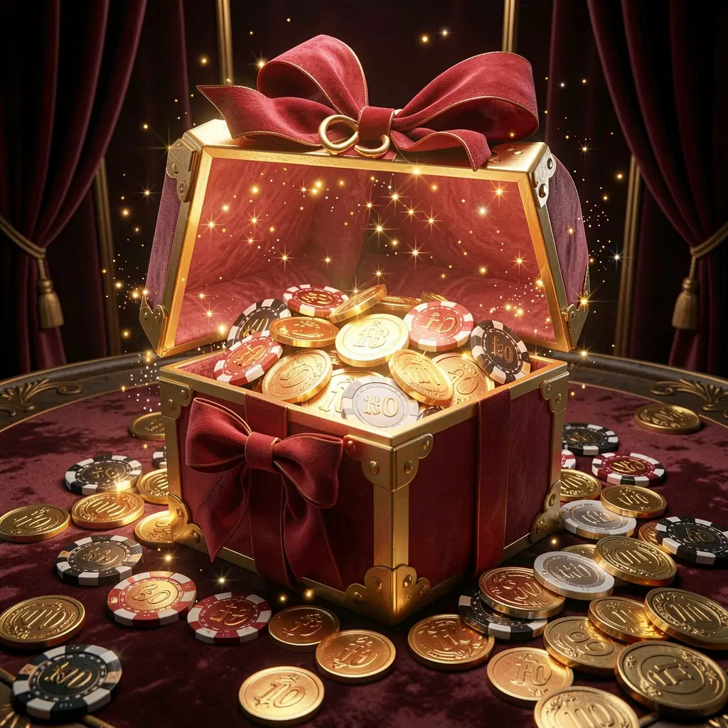 MY 888 no deposit casino bonus concept featuring a glowing gift box filled with free casino chips and golden coins against a luxury dark background with magical sparkle effects creating an exciting reward atmosphere