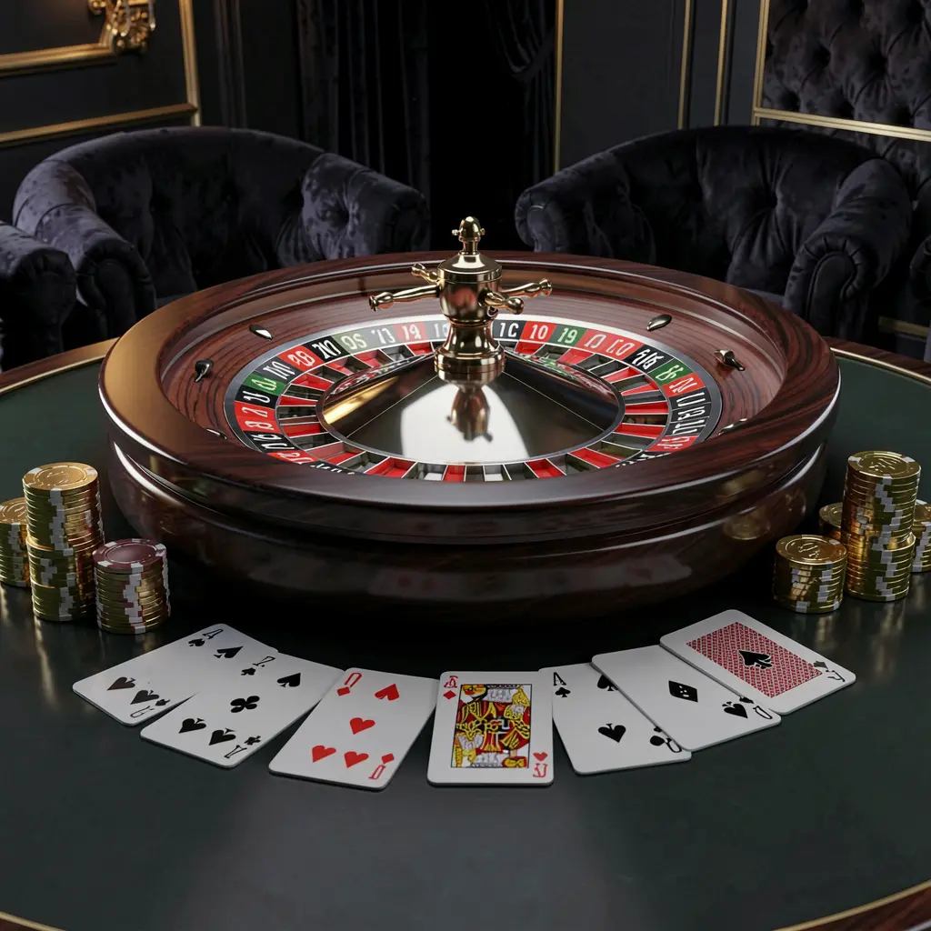 Realistic 3D illustration of a modern online casino scene featuring a roulette wheel, playing cards, poker chips, and golden coins on a glossy table with a dark luxury background, showcasing the MY 888 brand experience in Malaysia