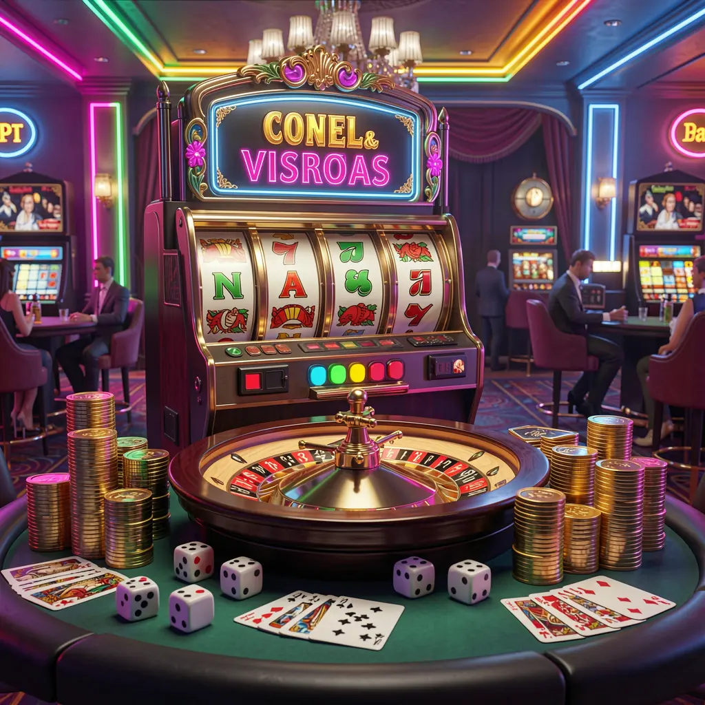 Exciting casino entertainment scene featuring MY 888 slot machine, roulette wheel, dice, cards, and golden coins illuminated by colorful neon lights in a premium atmosphere