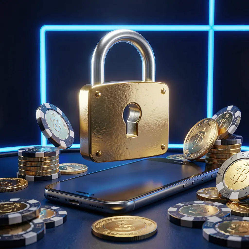 MY 888 casino login security image showing a glowing padlock floating above a smartphone with golden coins and chips scattered around on a dark blue neon background