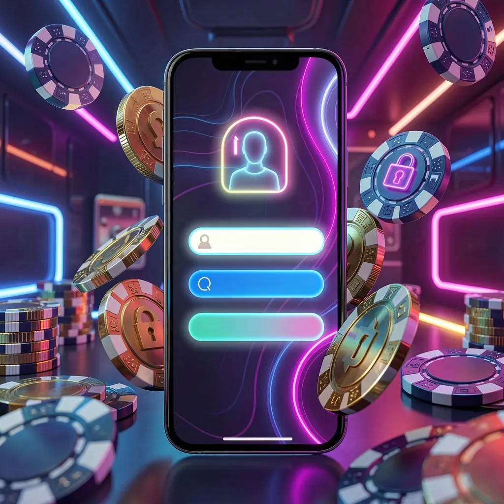 MY 888 mobile gaming login page concept on smartphone with abstract login interface featuring user and lock icons, surrounded by casino chips and coins under luxury neon lighting
