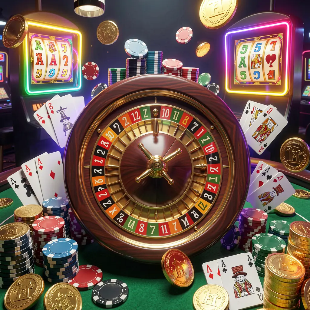 MY 888 casino homepage visual featuring a realistic 3D render of a roulette wheel, poker chips, playing cards, golden coins, and bright neon jackpot lights in a dynamic composition MY 888 casino homepage visual featuring a realistic 3D render of a roulette wheel, poker chips, playing cards, golden coins, and bright neon jackpot lights in a dynamic composition
